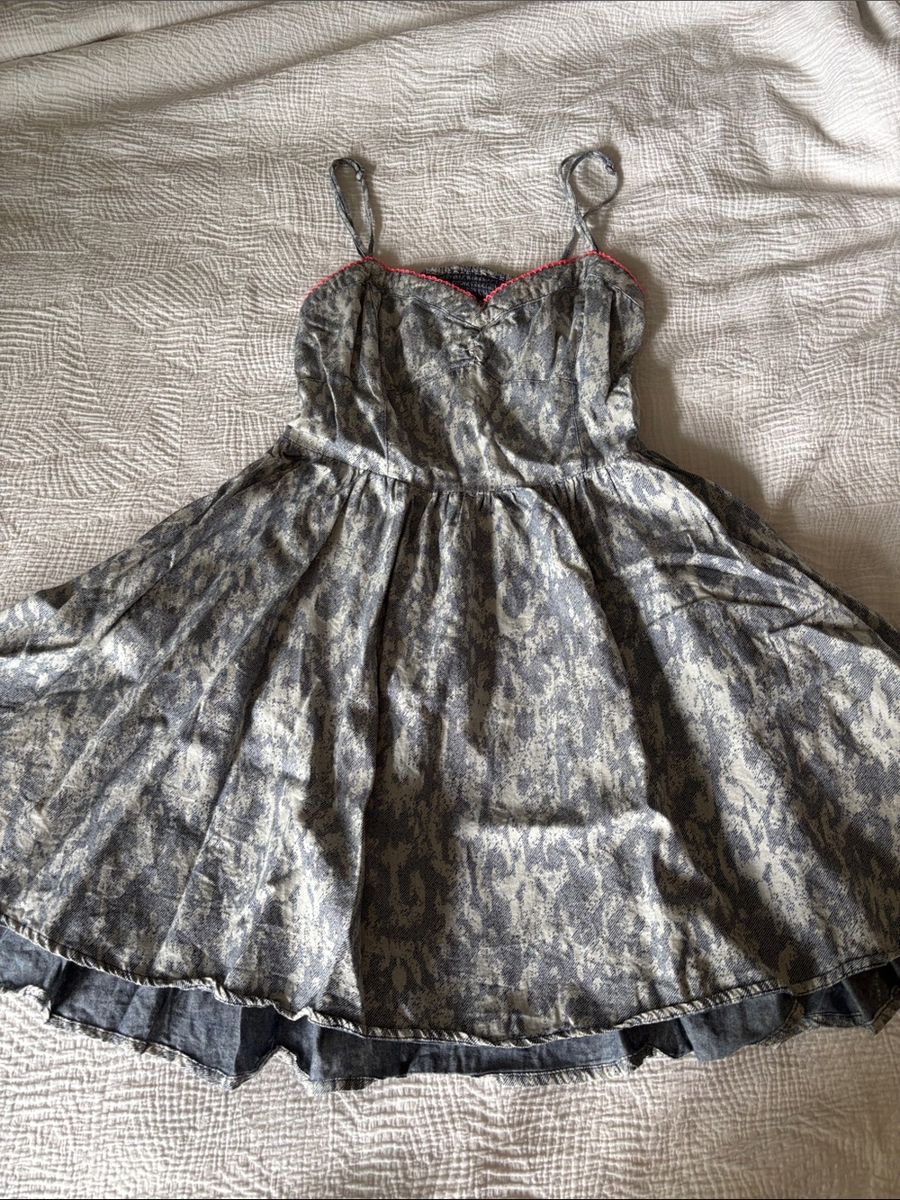 Bethany Mota Grey Patterned Spaghetti-Strap Dress with Pink Trim
